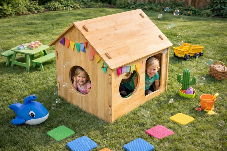 May include: A wooden playhouse with two round windows, decorated with colorful flags, sits on a grassy lawn. Two children are visible inside the playhouse. Other toys include a yellow truck, a blue whale, and a green picnic table.