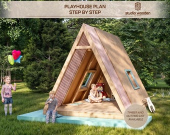 PLANO DE CASITA DE JUEGOS TRIANGULAR. Planos de casitas de juegos para niños, arquitectura. Plano de casa de jardín de madera. Hágalo usted mismo con los archivos digitales descargables.