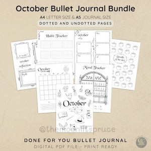 Puede incluir: Un conjunto de páginas imprimibles de diario de viñetas con temática de octubre. Las páginas incluyen un rastreador de hábitos, un rastreador de estado de ánimo, un calendario y páginas de garabatos. El texto en las páginas incluye "October", "Habit Tracker" y "Doodle of the day".