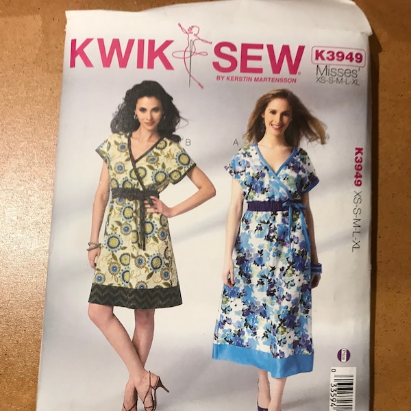 Kwik Sew pull-over dress pattern, K3949 XS to XL, lapped front bodice, cap sleeves, Free Shipping