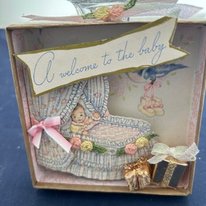 Welcome Baby, layered card, diorama, vintage greeting card, boxed card, handmade vintage craft fancy bassinet Free Shipping