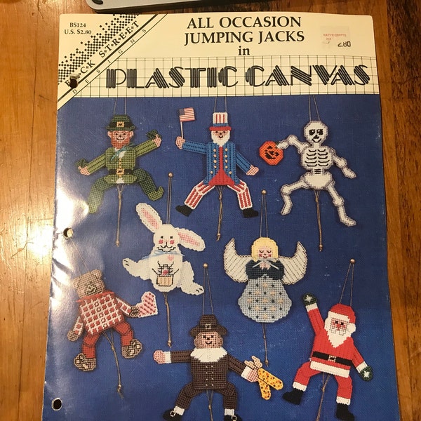 Plastic Canvas craft book, Back Street Designs All Occasion Jumping Jacks by Joan Green craft book, holiday mechanical toys Free Shipping