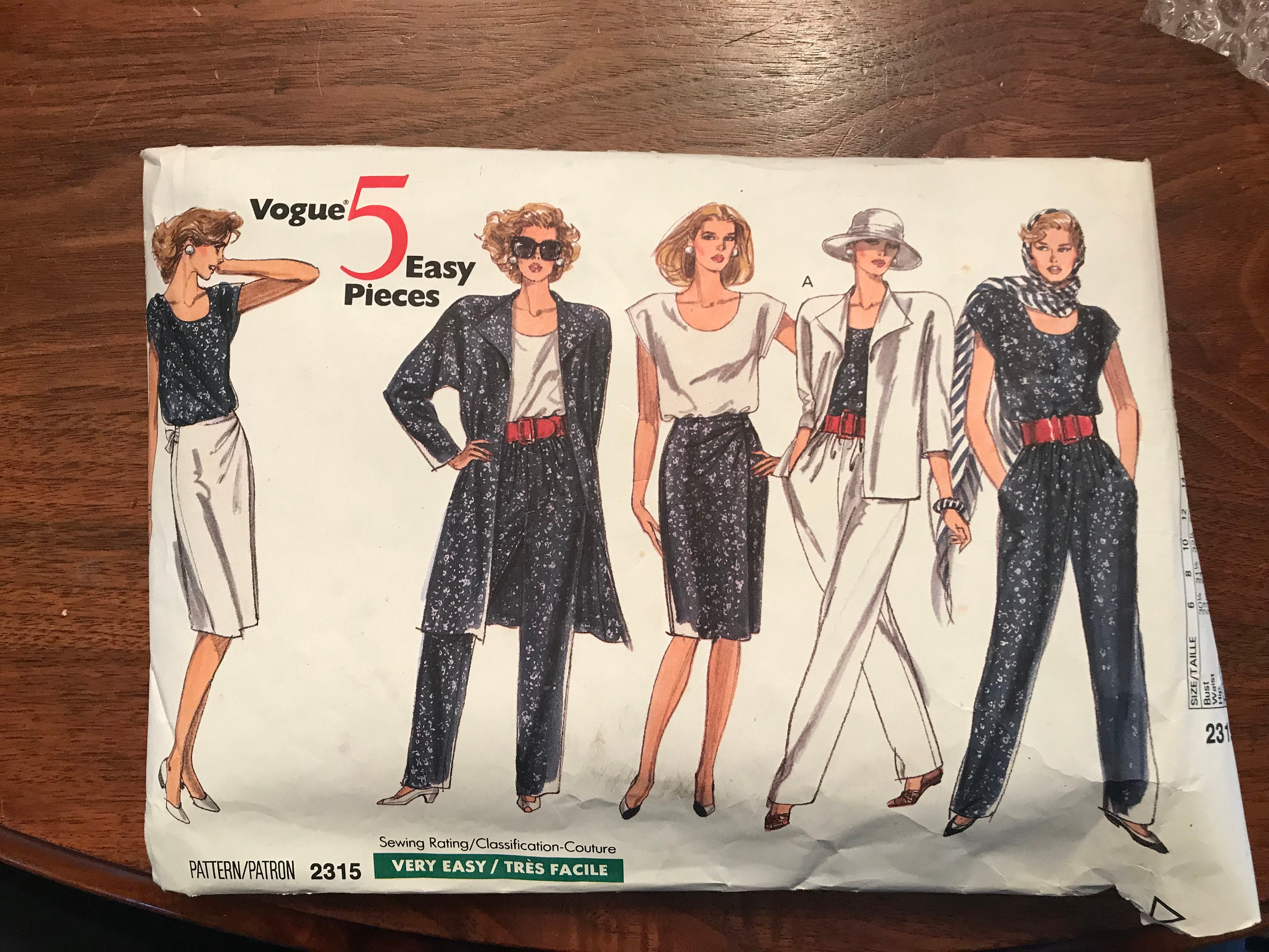 1989 Vogue 2315 Sewing Pattern: Loose Jacket, Skirt, Pants (size 8-12 ...