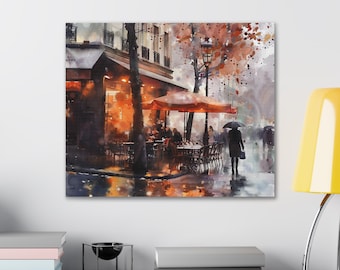 Rainy Day Cafe Watercolor Art Print on Canvas