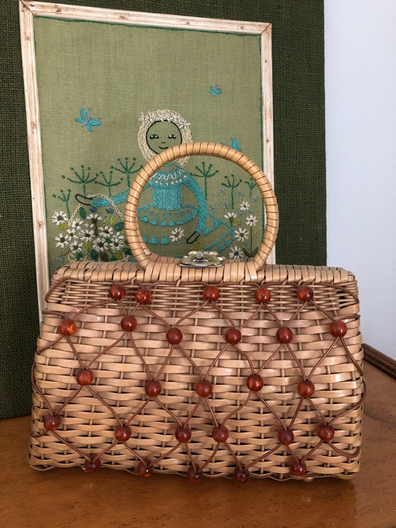 Vintage wicker handbag purse 50s 60s