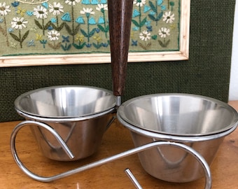 Midcentury stainless steal teak wood snack serving dish