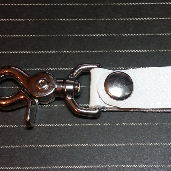 White Leather Key chain Steampunk Harness Clip Belt Clip Tankard Strap w chrome finish gear clip