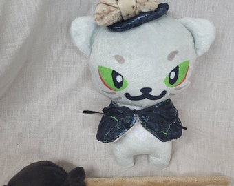Pale green/grey witch kitty with broom, hat and cape plush alt creepy goth toy