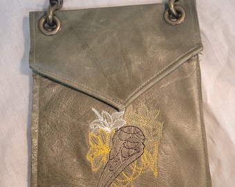 Olive green leather hip bag with embroidered raven skull zipper closure snap clips festival bag burning man coachella