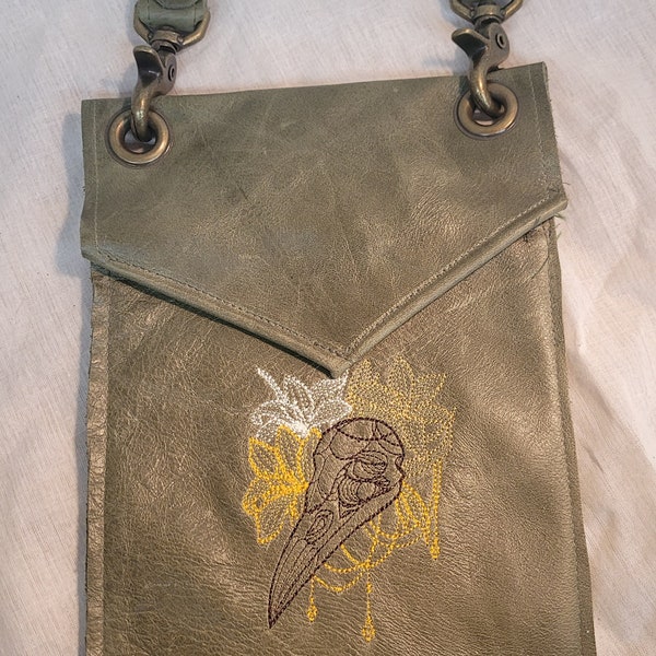 Olive green leather hip bag with embroidered raven skull zipper closure snap clips festival bag burning man coachella