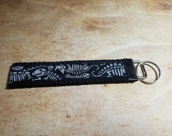Dinosaur Bones  Keychain Black Silver Webbing Ribbon Wristlet Key Ring Zipper Pull Bag Tag