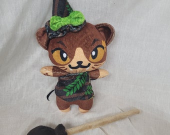 Brown and Green witch kitty with broom, hat and cape plush alt creepy goth toy cottagecore Bruja