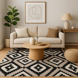 May include: A living room scene featuring a beige sofa with throw pillows, a wooden coffee table, and a patterned rug. A framed abstract art piece hangs above the sofa. A potted plant and a lamp add to the decor. The rug has a black and white geometric design.