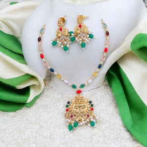 One Gram Gold Navaratna Stone Necklace Set/Necklace/Gold Ruby Necklace/South Indian Jewelry/ Indian Necklace/Indian Jewelry