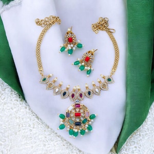 One Gram Gold Navaratna Stone Necklace Set/Necklace/Gold Ruby Necklace/South Indian Jewelry/ Indian Necklace/Indian Jewelry