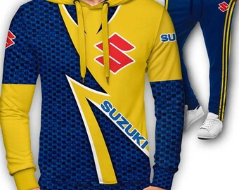 Suzuki MotoGP Racing Hoodie und Hosen-Set – leuchtendes blaues und gelbes Design