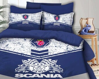 Scania Truck-Inspired Bedding Set with Duvet Cover and Pillowcases in Navy Blue