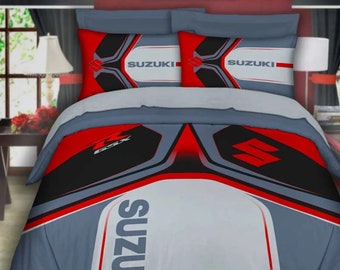 Ensemble de literie Suzuki Racing : housse de couette et taies d'oreiller en rouge et gris audacieux