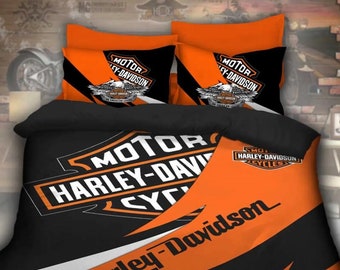 Harley-Davidson Motorrad-Bettwäsche-Set: Bettbezug und Kissenbezüge in klassischem Orange und Schwarz