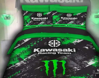 Kawasaki Monster Energy Racing Team Bettwäsche-Set: Bettbezug und Kissenbezüge in Neon Grün und Schwarz