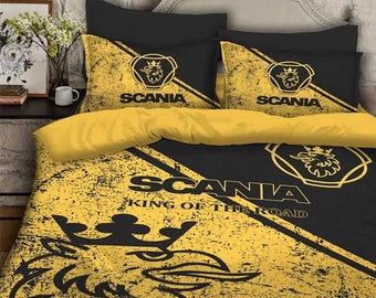 Parure de lit « King of the Road » Scania : housse de couette et taies d'oreiller en noir et jaune