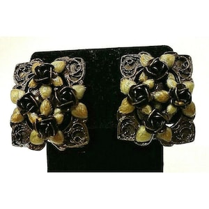 JAY STRONGWATER Enamel Gray Roses Brass Button Clipon Earrings Unsigned Estate Vintage