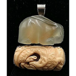 Rebecca Collins Carved jade dragon yellow onyx rabbit bunny hare sterling silver pendant vintage estate