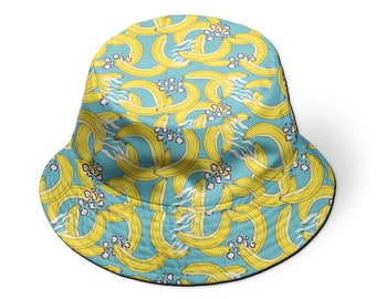 Leopard And Zebra Texture Banana Bucket Hat, Summer Bucket Hat, Beautiful Tropical Leaves and Flowers Design Hat