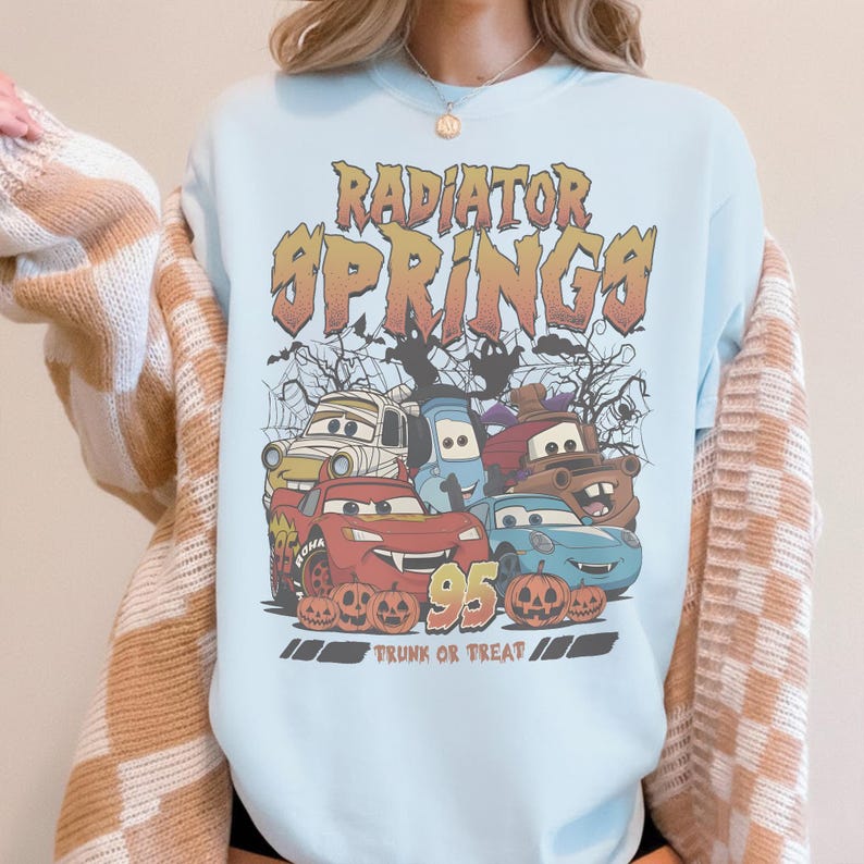 Vintage Disney Cars Radiator Springs Halloween Shirt, Radiator Springs Trunk Or Treat Tee, Lightning McQueen Mater Spooky Disney Pixar Shirt Chambray/Light Blue