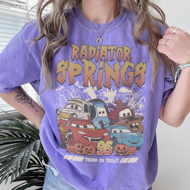 Vintage Disney Cars Radiator Springs Halloween Shirt, Radiator Springs Trunk Or Treat Tee, Lightning McQueen Mater Spooky Disney Pixar Shirt Violet