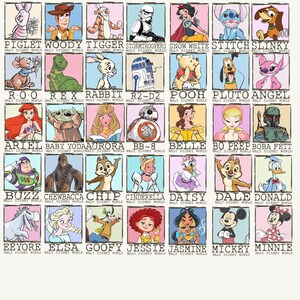 May include: A grid of 36 colourful illustrations of Disney characters, including Piglet, Woody, Tigger, Stormtroopers, Snow White, Stitch, Slinky, Roo, Rex, Rabbit, R2-D2, Pooh, Pluto, Angel, Ariel, Baby Yoda, Aurora, BB-8, Belle, Bo Peep, Boba Fett, Buzz, Chewbacca, Chip, Cinderella, Daisy, Dale, Donald, Eeyore, Elsa, Goofy, Jessie, Jasmine, Mickey, and Minnie.