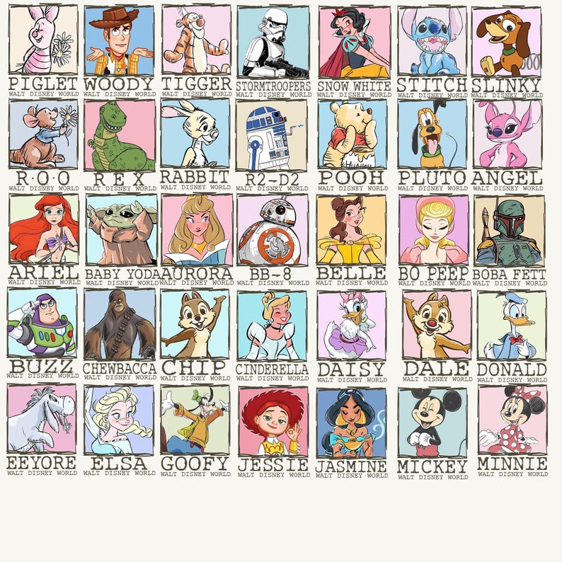 May include: A grid of 36 colourful illustrations of Disney characters, including Piglet, Woody, Tigger, Stormtroopers, Snow White, Stitch, Slinky, Roo, Rex, Rabbit, R2-D2, Pooh, Pluto, Angel, Ariel, Baby Yoda, Aurora, BB-8, Belle, Bo Peep, Boba Fett, Buzz, Chewbacca, Chip, Cinderella, Daisy, Dale, Donald, Eeyore, Elsa, Goofy, Jessie, Jasmine, Mickey, and Minnie.
