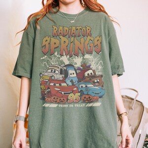 Vintage Disney Cars Radiator Springs Halloween Shirt, Radiator Springs Trunk Or Treat Tee, Lightning McQueen Mater Spooky Disney Pixar Shirt Moss/Military Green