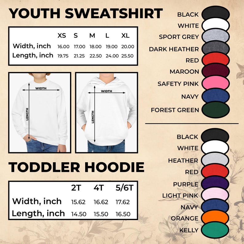 K&ouml;nnte beinhalten: Bild mit Gr&ouml;&szlig;entabellen f&uuml;r Sweatshirts f&uuml;r Jugendliche und Kapuzenpullover f&uuml;r Kleinkinder. Die Gr&ouml;&szlig;en der Sweatshirts f&uuml;r Jugendliche reichen von XS bis XL, mit Breiten von 40,6 bis 50,8 cm und L&auml;ngen von 50,2 bis 64,8 cm.