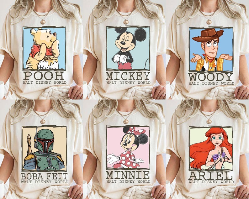 May include: A selection of cream-coloured t-shirts, each showcasing a different Disney character. The shirts feature framed images of Pooh, Mickey, Woody, Boba Fett, Minnie, and Ariel, with their names and "Walt Disney World" printed beneath each illustration.