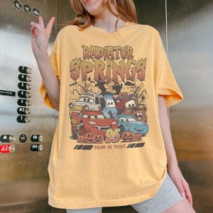 Vintage Disney Cars Radiator Springs Halloween Shirt, Radiator Springs Trunk Or Treat Tee, Lightning McQueen Mater Spooky Disney Pixar Shirt Mustard (Comfort)