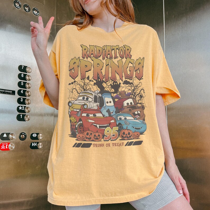 Vintage Disney Cars Radiator Springs Halloween Shirt, Radiator Springs Trunk Or Treat Tee, Lightning McQueen Mater Spooky Disney Pixar Shirt Mustard (Comfort)