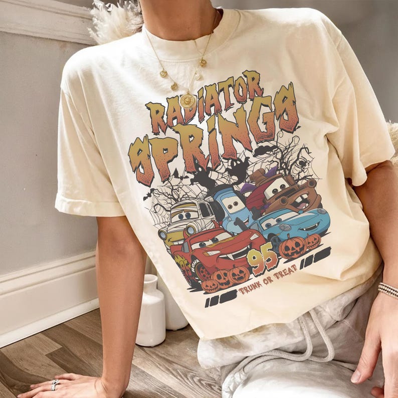 Vintage Disney Cars Radiator Springs Halloween Shirt, Radiator Springs Trunk Or Treat Tee, Lightning McQueen Mater Spooky Disney Pixar Shirt Ivory/Sand/Natural