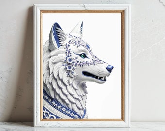 Minimaler Wolf Kunstdruck | Minimalistischer orientalischer Kunstdruck | Moderne Blumen-Tier-Wanddekoration | Sofortiger Download DRUCKBARE Tierdrucke
