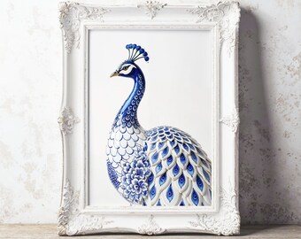 Regal Peacock Artwork / Chinoiserie Minimalist Bird Print / Eleganza floreale orientale / Download digitale istantaneo Arredamento stampabile per animali