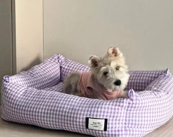 Purple Gingham Dog Cat Bed – Ice Silk Latex, Removable & Washable, Cozy Pet Sofa for Small Medium Pets, Soft Breathable Cushion