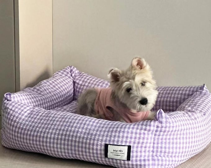 Purple Gingham Dog Cat Bed – Ice Silk Latex, Removable & Washable, Cozy Pet Sofa for Small Medium Pets, Soft Breathable Cushion