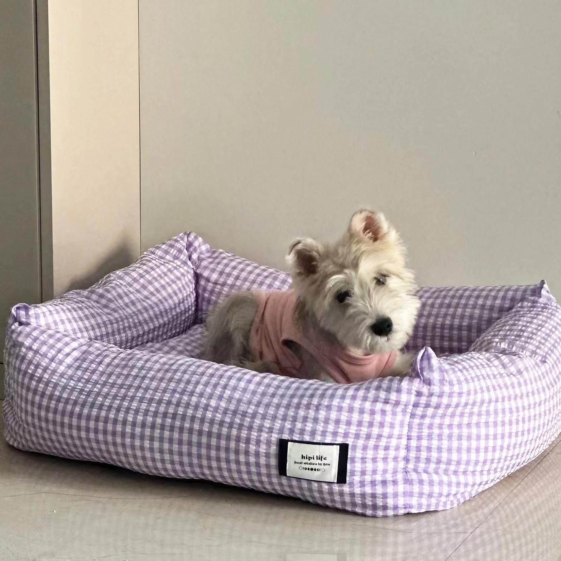Purple Gingham Dog Cat Bed - Ice Silk Latex, Removable & Washable, Cozy Pet Sofa for Small Medium Pets, Soft Breathable Cushion
