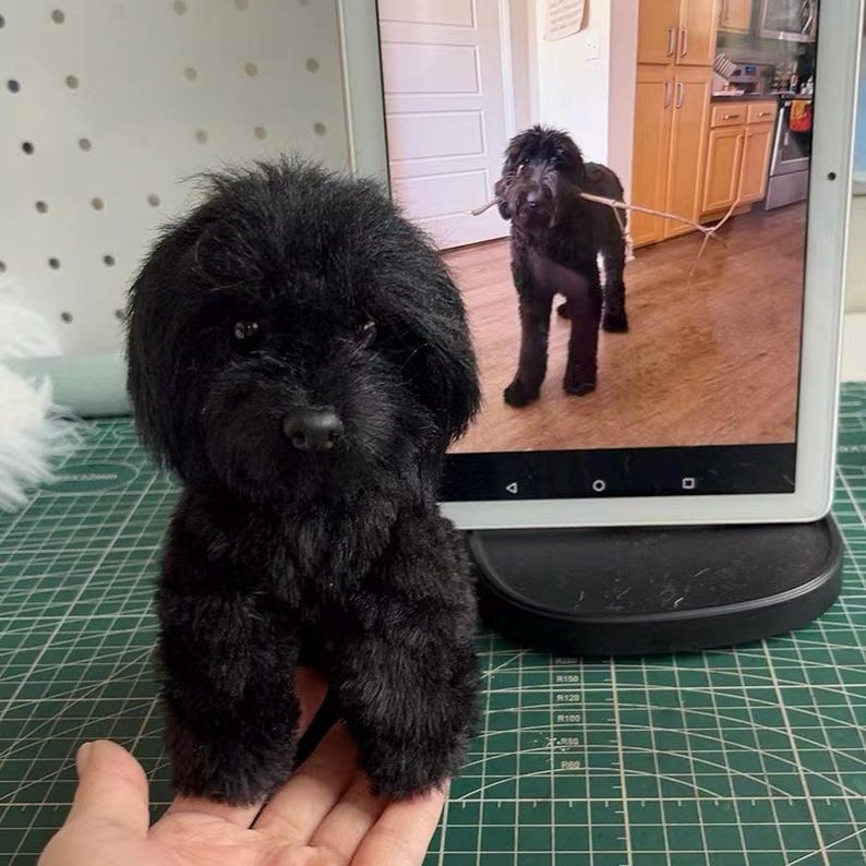 May include: A small, plush, black dog figurine with textured fur, dark eyes, and a black nose. The figurine is positioned in front of a tablet screen displaying a photograph of a black dog standing on a wooden floor while holding a thin stick in its mouth.