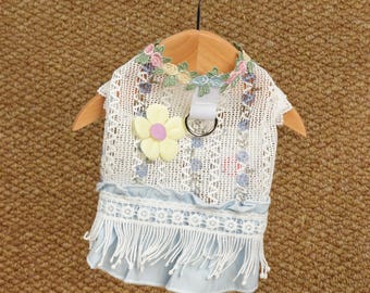 Vestido arnés para perro con flecos y cuadros, XS-2XL, conjunto de encaje con flecos para cachorros, vestido de verano para perros pequeños, ropa floral para mascotas, ropa para perros pequeños