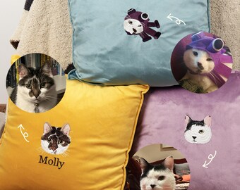 Custom Velvet Pet Portrait Cushion, Custom Pet Gift, Dog Mom Gift, Cat Mom, Personalized Pet Memorial, Dog Embroidery