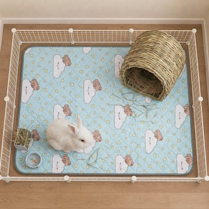 May include: A white rabbit sits on a light blue quilted mat featuring a pattern of brown teddy bears on white clouds and yellow stars. The mat is inside a white wire enclosure with a woven straw tunnel, a small square hay feeder, and a bowl.