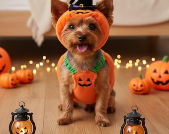 かぼちゃのハロウィン犬猫コスチューム、小型犬＆子犬用コスチューム、帽子付き、かわいいジャック・オー・ランタン、ペットコスチューム、秋のパーティー写真小道具
