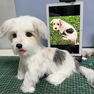 May include: A plush dog figurine with white fur, a black patch on its back, dark eyes, a black nose, and a pink tongue. Behind the figurine, a tablet displays a photograph of a similar dog sitting on green grass, mirroring the plush toy's appearance.