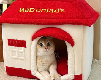 Bonita cama para gatos con forma de casa, acogedora cueva de felpa para interiores, suave escondite con diseño de techo, cálida casa para dormir con cojín lavable.